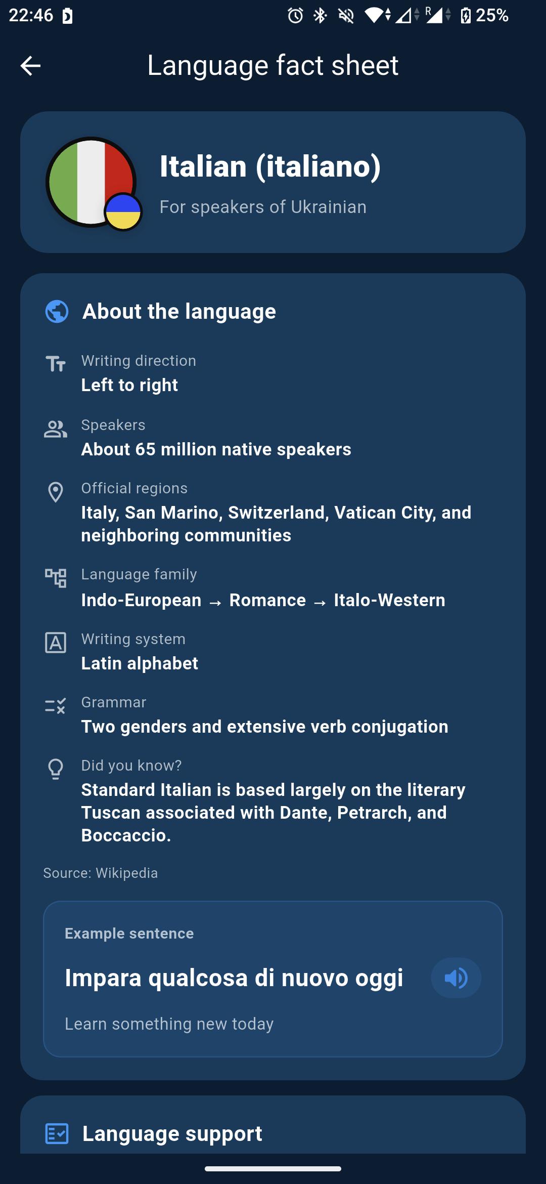Qlango Language Fact Sheet, page one