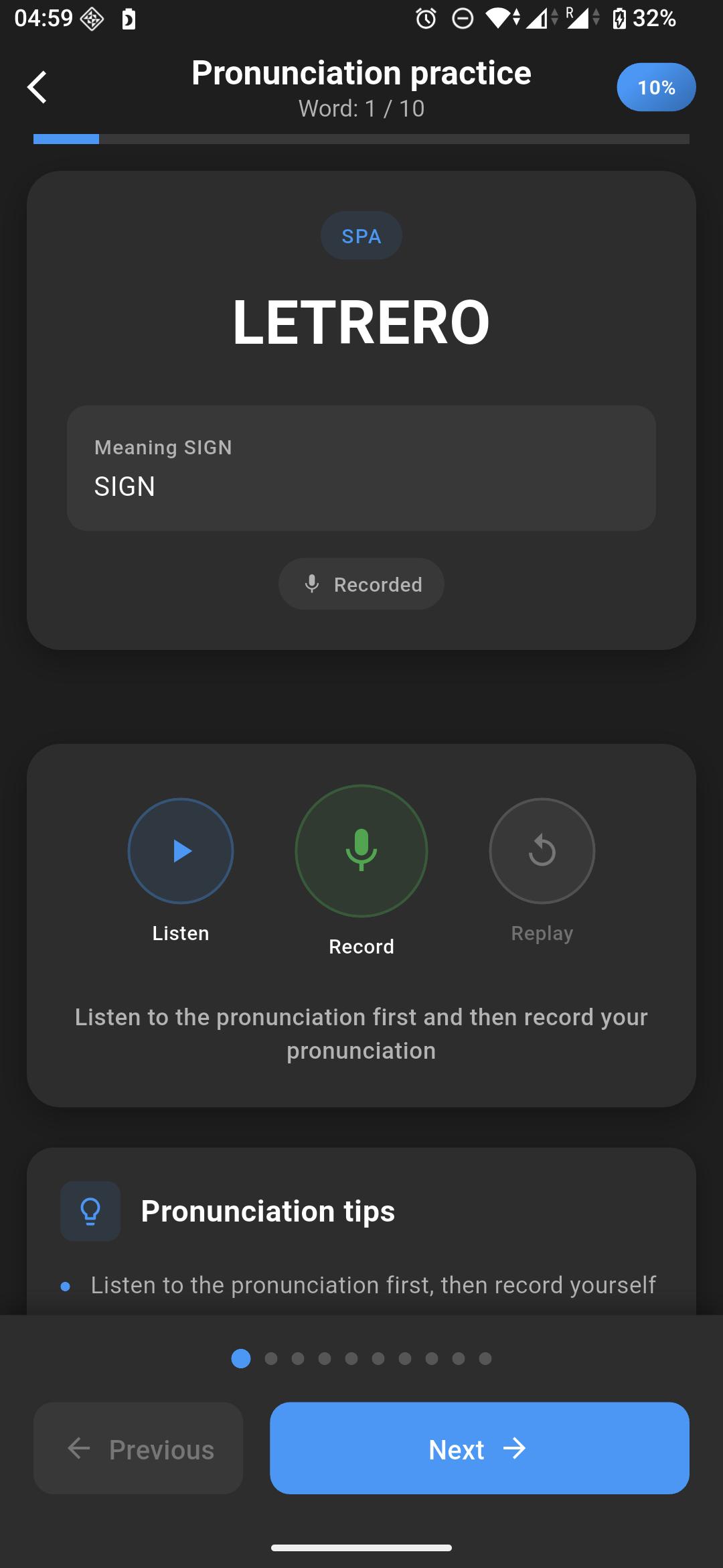Pronunciation practice in Qlango