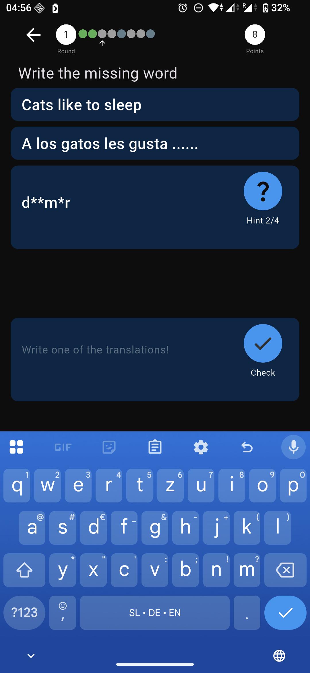 Type the missing word in Qlango
